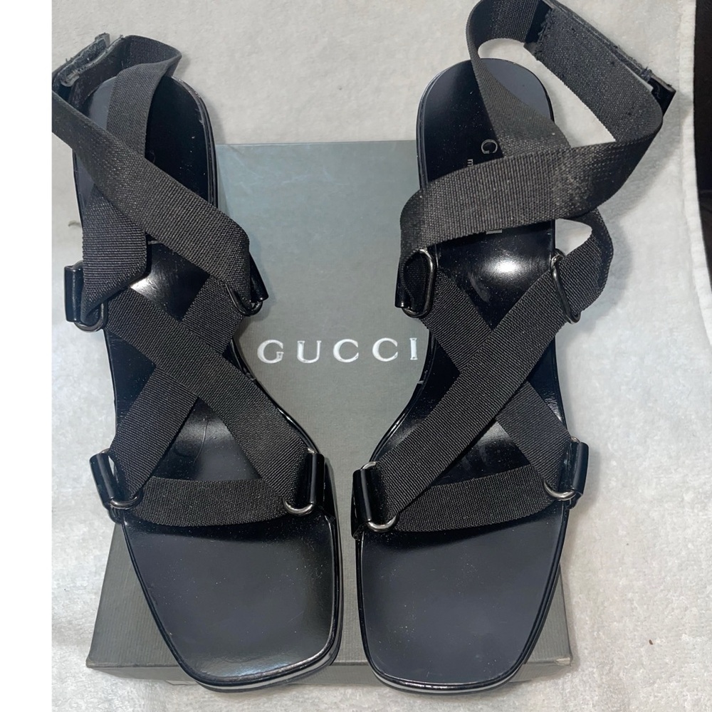 Gucci Patent Ankle Strap Wedge Platform Sandals Heels Tom Ford Vintage Size 8.5